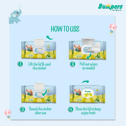 Bumpers Moisturising 99% Water Baby Wipes with Lid, Aloe Vera & Vitamin E | Extra Thick & Moist | Alcohol & Paraben free | pH balanced & Hypoallergenic | 72 Counts/Pack (Set of 8) (576 Wipes)