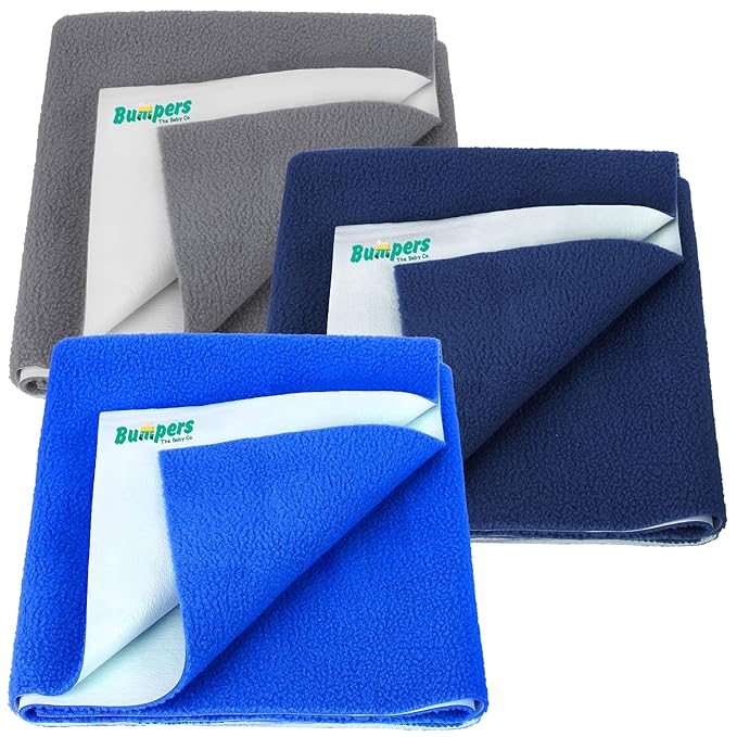 Bumpers Anti-Piling Quick Dry & Absorbent Sheet Polycotton Baby Bed Protecting Waterproof Mat (Royal Blue, Dark Blue, Grey, Small (70 x 50cm), Pack of 3)