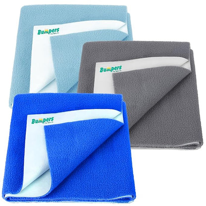 Bumpers Anti-Piling Quick Dry & Absorbent Sheet Polycotton Baby Bed Protecting Waterproof Mat (Royal Blue, Dark Blue, Grey, Small (70 x 50cm), Pack of 3)