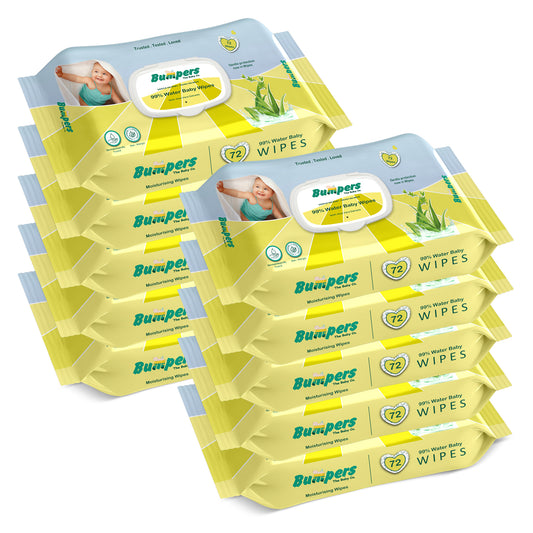 Bumpers Moisturising 99% Water Baby Wipes with Lid, Aloe Vera & Vitamin E | Extra Thick & Moist | Alcohol & Paraben free | pH balanced & Hypoallergenic | 72 Counts/Pack (Set of 10) (720 Wipes)