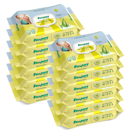 Bumpers Moisturising 99% Water Baby Wipes with Lid, Aloe Vera & Vitamin E | Extra Thick & Moist | Alcohol & Paraben free | pH balanced & Hypoallergenic | 72 Counts/Pack (Set of 12) (864 Wipes)