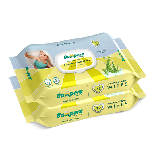 Bumpers Moisturising 99% Water Baby Wipes with Lid, Aloe Vera & Vitamin E | Extra Thick & Moist | Alcohol & Paraben free | pH balanced & Hypoallergenic | 72 Counts/Pack (Set of 2) (144 Wipes)