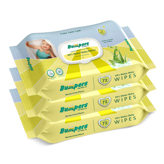 Bumpers Moisturising 99% Water Baby Wipes with Lid, Aloe Vera & Vitamin E | Extra Thick & Moist | Alcohol & Paraben free | pH balanced & Hypoallergenic | 72 Counts/Pack (Set of 3) (216 Wipes)