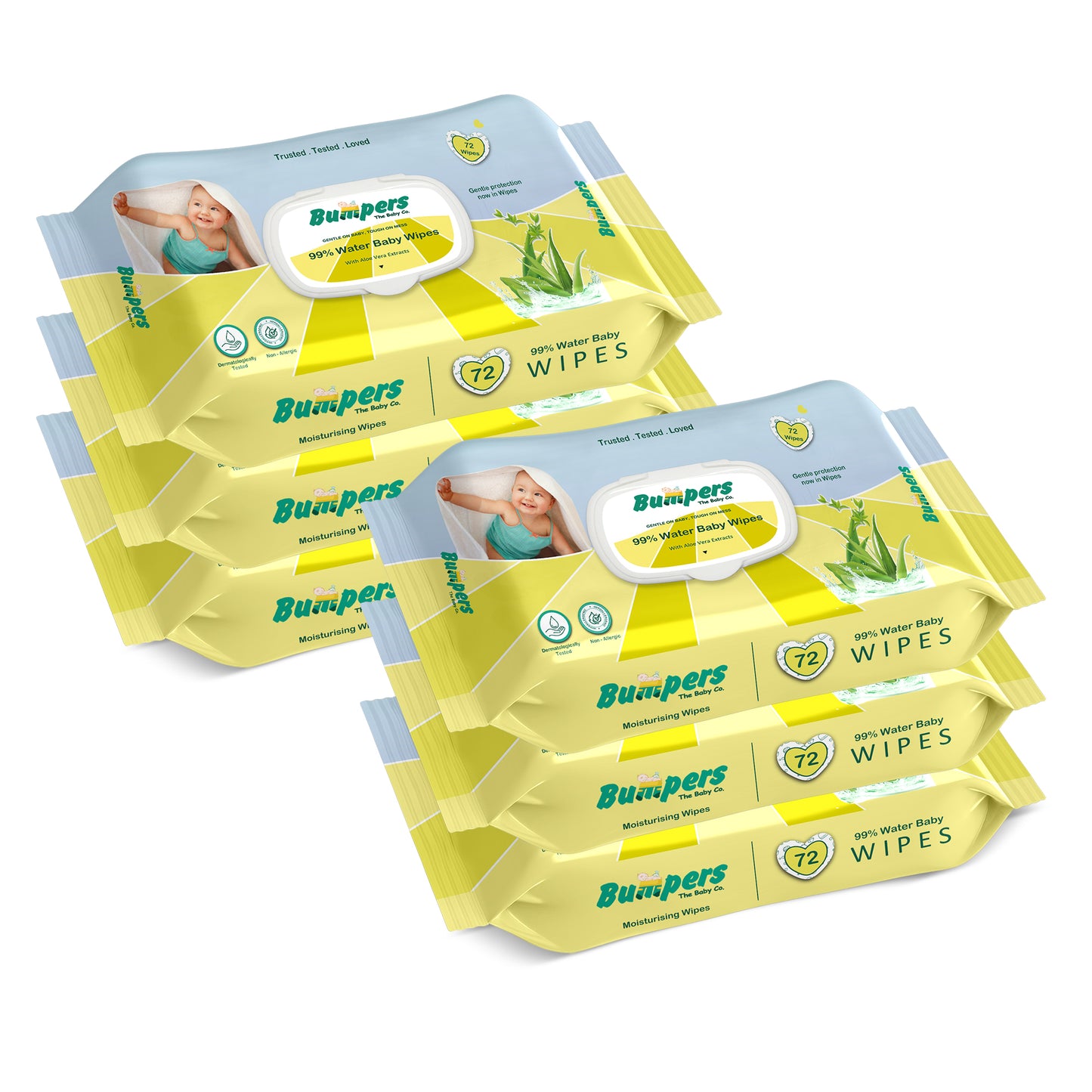 Bumpers Moisturising 99% Water Baby Wipes with Lid, Aloe Vera & Vitamin E | Extra Thick & Moist | Alcohol & Paraben free | pH balanced & Hypoallergenic | 72 Counts/Pack (Set of 6) (432 Wipes)