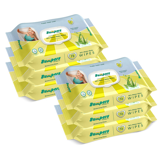 Bumpers Moisturising 99% Water Baby Wipes with Lid, Aloe Vera & Vitamin E | Extra Thick & Moist | Alcohol & Paraben free | pH balanced & Hypoallergenic | 72 Counts/Pack (Set of 6) (432 Wipes)