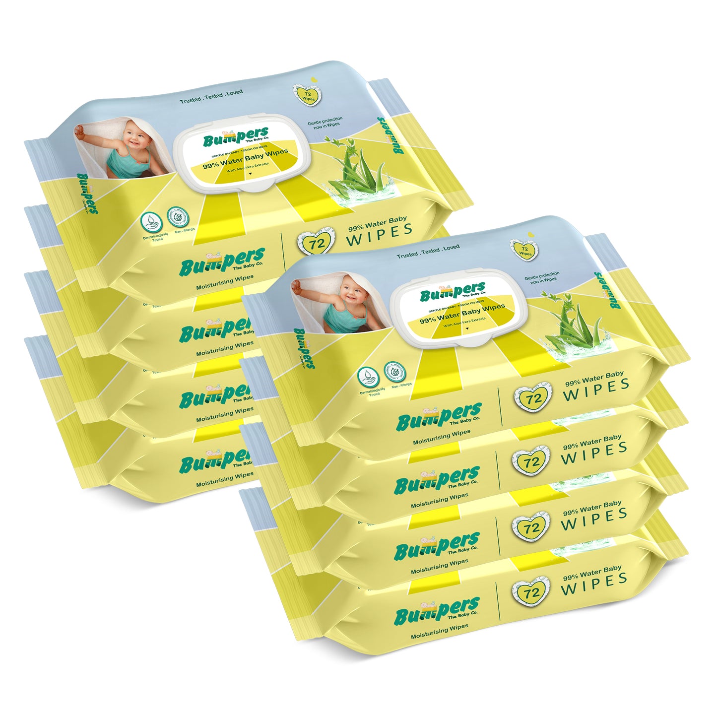 Bumpers Moisturising 99% Water Baby Wipes with Lid, Aloe Vera & Vitamin E | Extra Thick & Moist | Alcohol & Paraben free | pH balanced & Hypoallergenic | 72 Counts/Pack (Set of 8) (576 Wipes)