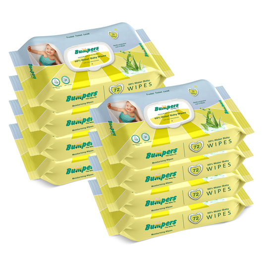 Bumpers Moisturising 99% Water Baby Wipes with Lid, Aloe Vera & Vitamin E | Extra Thick & Moist | Alcohol & Paraben free | pH balanced & Hypoallergenic | 72 Counts/Pack (Set of 8) (576 Wipes)